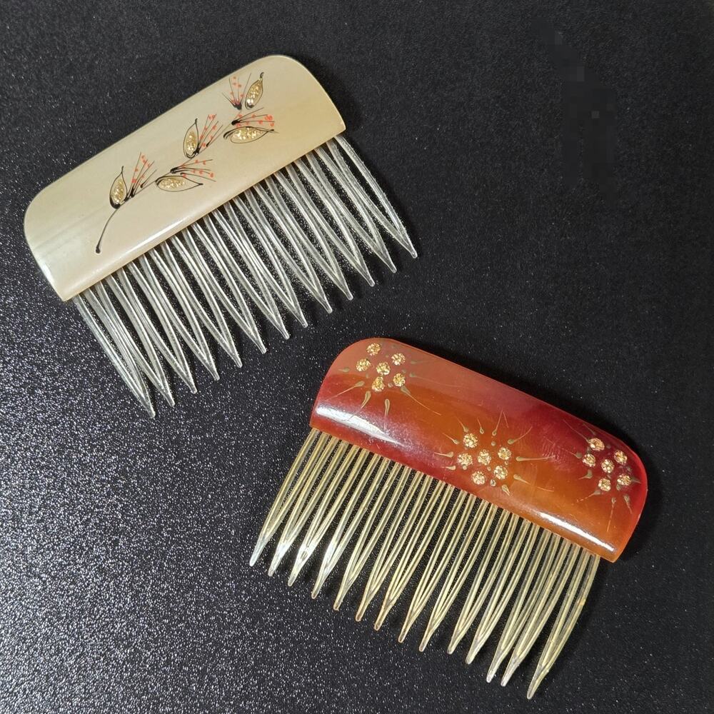 Vintage Hair Combs 1960s Acrylic or Celluloid Hand Painted Glitter Accents